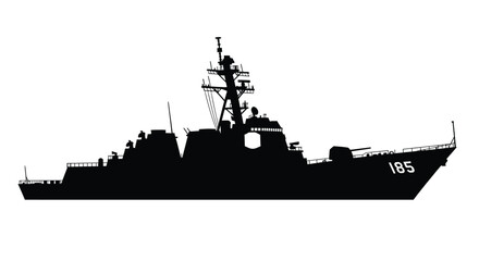 Detailed depiction of a modern naval destroyer in black silhouette © Nazrul
