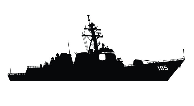 Detailed depiction of a modern naval destroyer in black silhouette