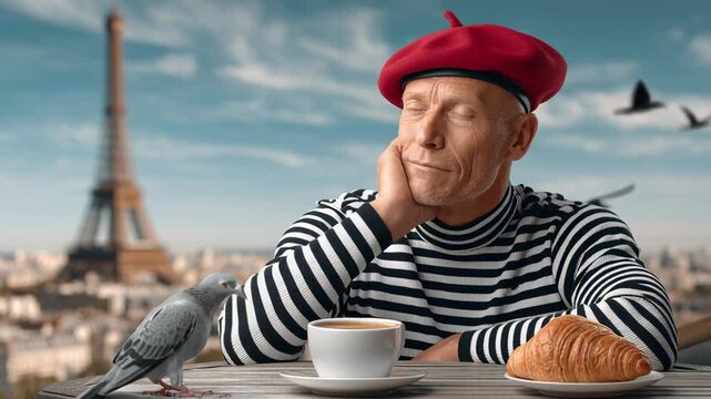 Male figure in red beret and striped shirt sits at outdoor cafe table with coffee and croissant, observing pigeons with Eiffel Tower in the background