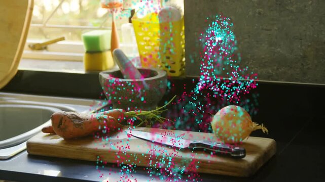 Vertical video: Magenta cyan dots appearing on start, rising over board, knife onion, showing prep