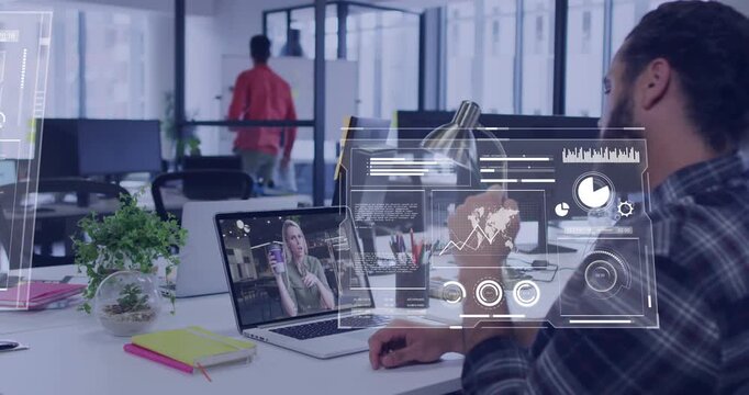 Vertical video: Reacting to laptop call, plaid-shirt man seated using AR panels at desk, copy space