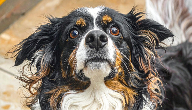 期待に満ちた眼差しで上を見上げる、トライカラーのミックス犬（クローズアップ）