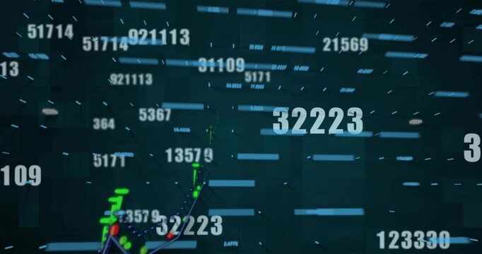 Numeric tokens expanding and sliding forward forming finance chart with color lines marking peaks
