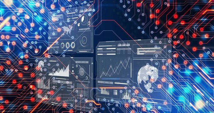 Vertical video: Circuits driving three panels showing live data in deep blue space, pixel globe