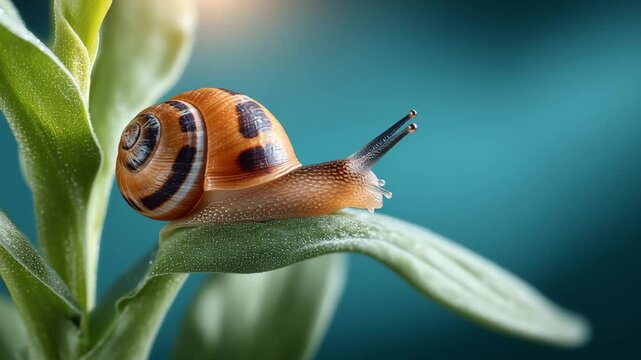 Snail with orange and brown shell crawls slowly along a green leaf, showcasing its delicate movement against a soft blue background