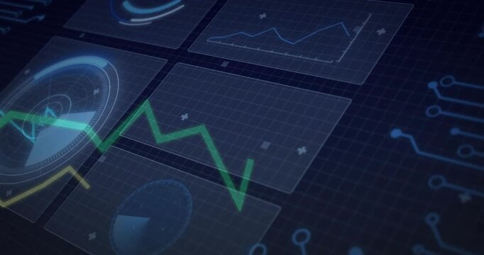Analytics dashboard animating grid panels on telemetry update, green trace peaking center-right