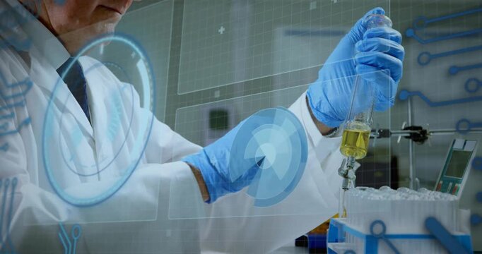 Senior scientist opening valve and dosing yellow liquid into rack UI showing levels for analysis