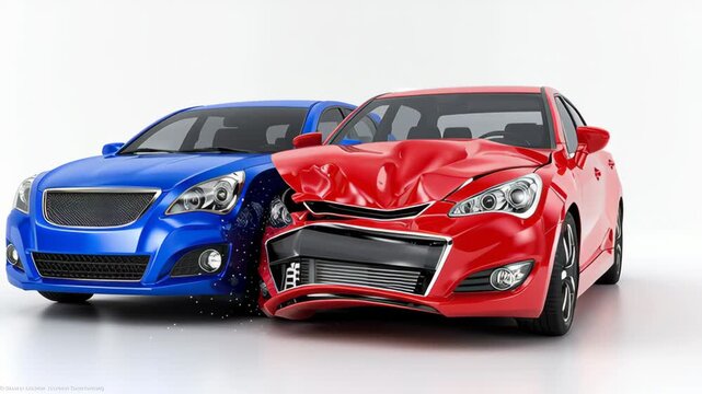 Blue sedan and red hatchback collide, showing progressive damage to the front of the red car and the impact on the blue vehicle in a clean, white background