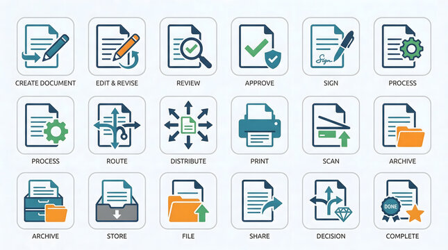 Comprehensive Icon Set for Document Management, Digital Workflow, and Business Processes