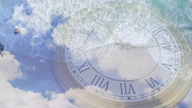 Incoming surf masking translucent Roman-numeral clock face over aerial shore, showing time passing