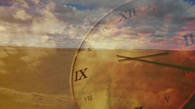 Appearing faint clock face rotating hands over horizon at warm dawn, Roman numerals marking time