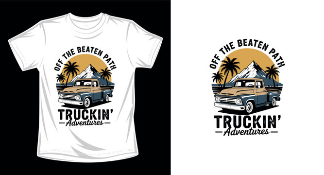 Vintage pickup truck off the beaten path graphic vector art t-shirt design print template with mountain and palm tree scenery