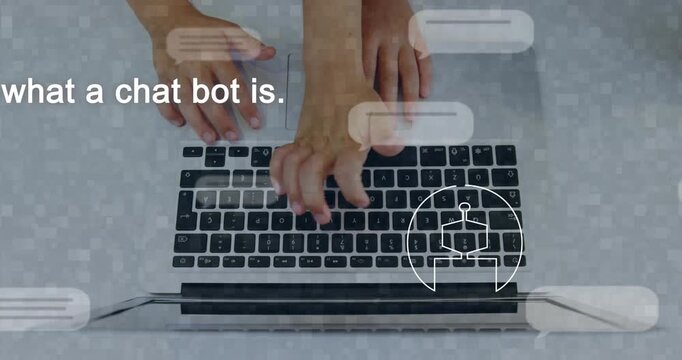 Hands typing on laptop causing avatar, bubbles and bot icon showing chatbot basics for technology