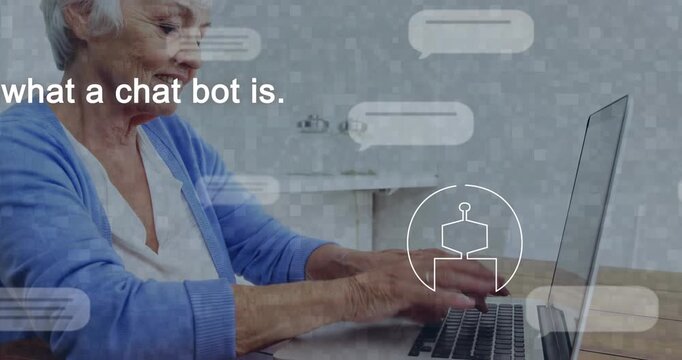 Senior woman starting typing, avatar and bubbles appearing, robot icon explaining chatbot purpose
