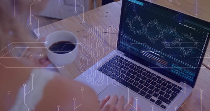 Vertical video: Overlay arising woman in tank sipping cup typing checking waveform laptop at table