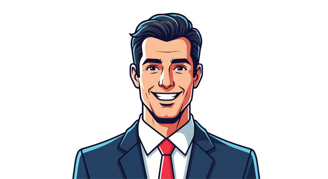 Cartoon illustration of a smiling young businessman in a suit and tie against a white background.