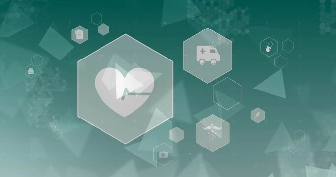 On start heart EKG hexagon pulsing and scanning, ambulance caduceus icons emerging for medical data
