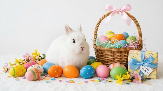 A fluffy white bunny sitting next to a basket full of colorful easter eggs and a gift box set