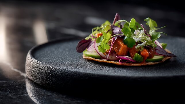 A carefully plated gourmet taco with premium ingredients as the main subject, displayed on a sleek dark stone plate within a modern fine dining environment with minimalist table styling, controlled so