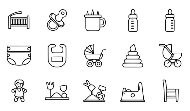 Thin Line Baby Care Icon Set with Nursery Items and Infant Accessories Vector Illustration