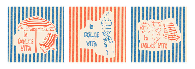 Summer square striped backgrounds, print, cover, card "la dolce vita". Hand-drawn illustrations: swimsuit, sun lounger with umbrella, hat, ice cream. Vector doodles © Elena.K