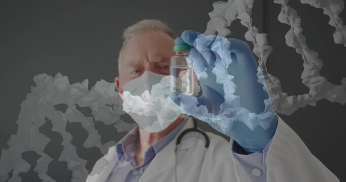 Doctor presenting vial after gloved hand moving it closer, DNA helix overlay for medical research