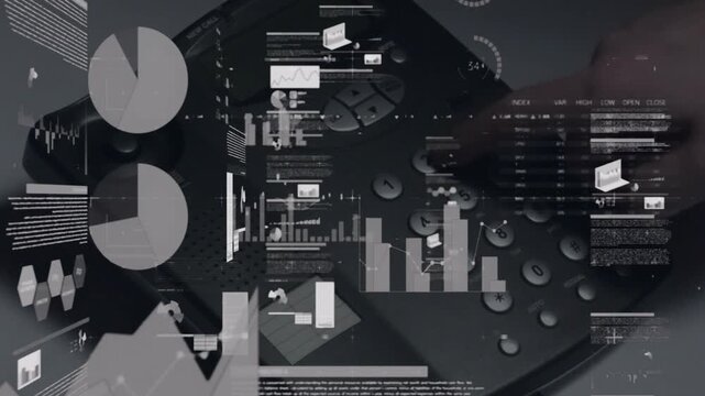 Single adult hand pressing phone keypad and animating HUD charts while updating business analytics