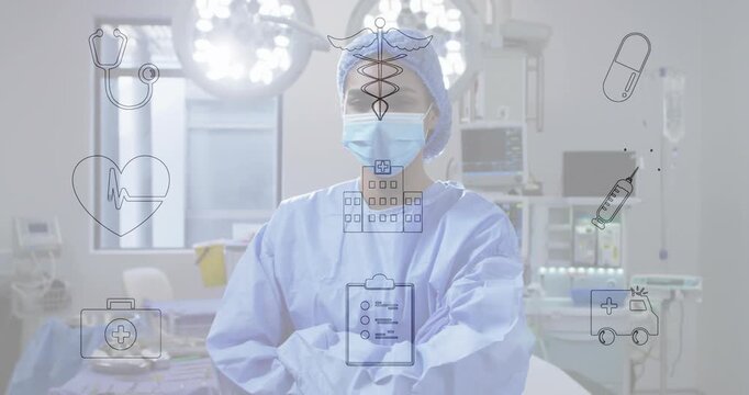Camera zooming, clinician in gown mask folding arms tilting head in OR, showing icons for promotion
