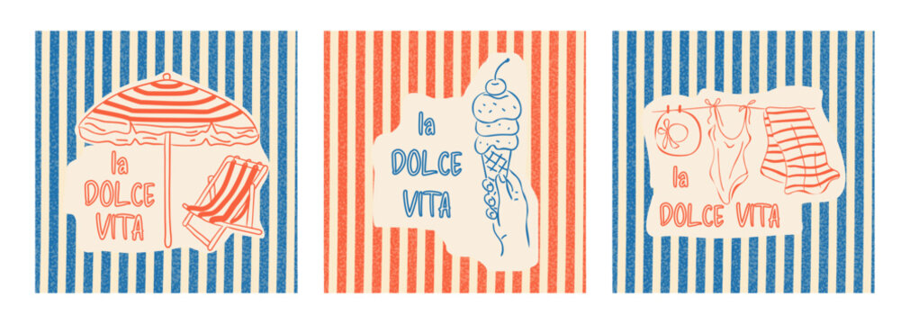 Summer square striped backgrounds, print, cover, card "la dolce vita". Hand-drawn illustrations: swimsuit, sun lounger with umbrella, hat, ice cream. Vector doodles