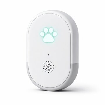 Minimal white smart pet tracking device with glowing paw icon and speaker grille on a clean background, perfect for illustrating modern pet care technology and home gadgets.