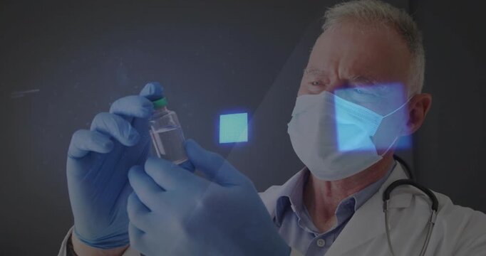Senior doctor raising green-cap vial, aligning hologram square, inspecting contents for lab check