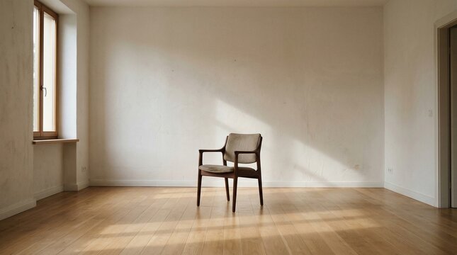 A lone chair centers a sunlit empty room, highlighting warm wooden floors and minimalist walls. Natural light creates a serene, contemplative interior atmosphere