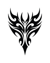 Stylized tribal tattoo design sketch curves upward with bold, sharp edges. Symmetrical pattern flows like flame or feathered wings. Central motif splits into flowing, decorative swirls