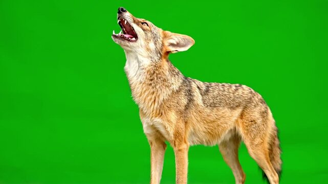A coyote stands on a green screen background, looking up and howling with its mouth open