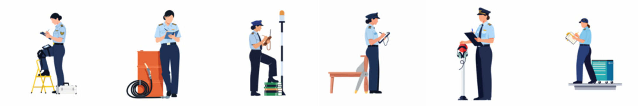 Vector set of professional female pilots and ground crew in uniform performing various tasks, including fueling, inspecting, and taking notes.