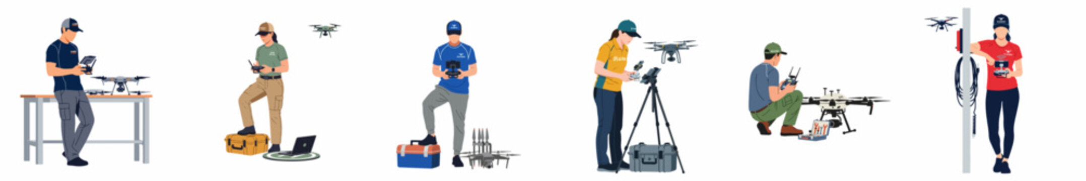 Flat vector illustration of diverse professional drone pilots operating various unmanned aerial vehicles in a training academy setting.