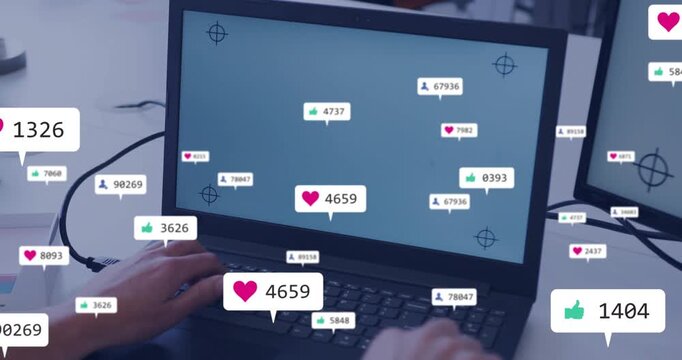 Man typing on laptop keys, marketing heart and like icons spiking, clustering, fading, driving ROI