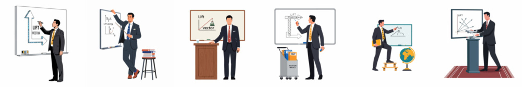 Collection of flat illustrations showing a professional man in a suit teaching complex aviation and physics concepts on whiteboards in different lecture scenarios.