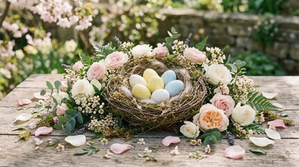 Obraz premium A beautiful bird nest filled with colorful easter eggs surrounded by fresh pastel spring flowers