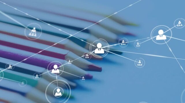 Diagonal pencils anchoring, first avatar appearing, lines tracing network outward showing teamwork