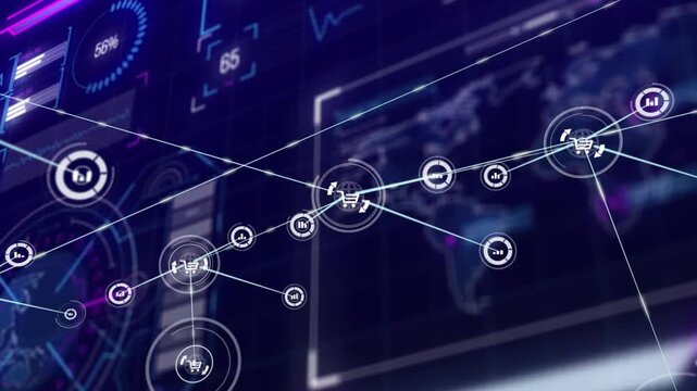 Cart hub initiating link, network expanding across UI, pulsing nodes visualizing retail analytics