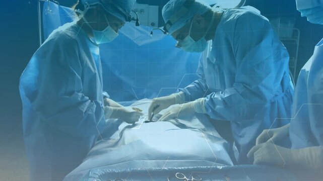 OR team making incision on tool pass, exposing site, closing wound, animated guides marking repair