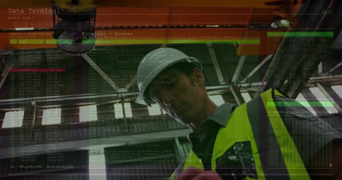 Vertical video: Construction worker seeing HUD prompt, tapping tablet beneath crane, logging data
