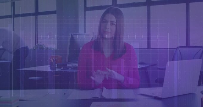 Vertical video: Woman speaking gesturing pausing resuming; purple grid marking docs for business