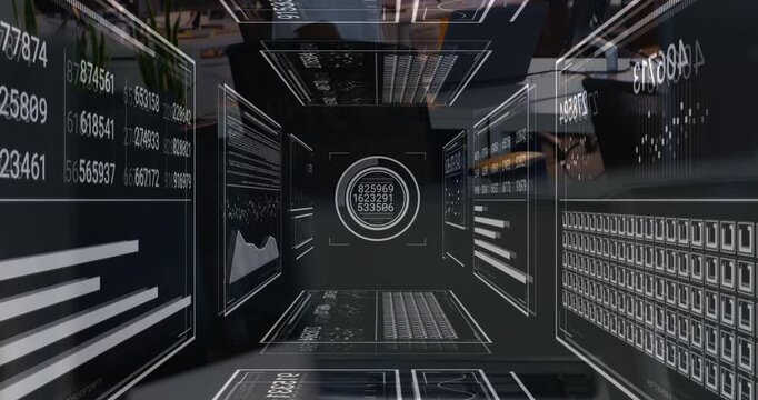 Vertical video: Man checking screens while tech AR tunnel moving, HUD aligning on him to show data