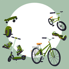Flat illustration frame with green bicycle, scooter and skateboard. Round eco city transport border for rental service, sport invitations or travel banners. Isolated blank template graphics © Svetlana