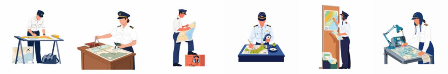 Set of diverse pilots and navigators in uniform planning flight routes and navigating using maps, charts, and various technical aviation instruments. © Mairiko