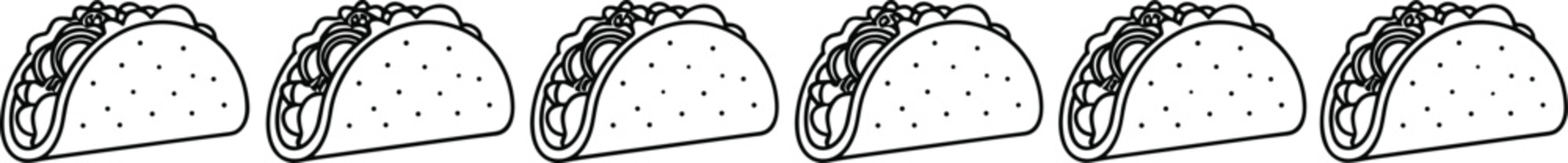 Mexican taco line icon collection, taco outline vector illustration set, traditional street food design elements with shell, meat and toppings isolated on light background