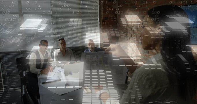 Lead flipping docs pointing to biz report driving team noting under blinds grid overlay seeking ok