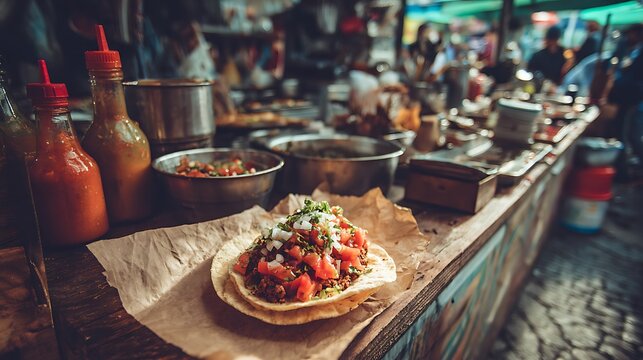 A freshly prepared taco with abundant toppings as the main subject resting on paper wrapping at a busy open-air food stall surrounded by cooking tools, salsa containers and street vendor elements, bri